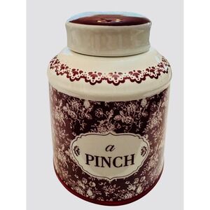 Vintage Toile Ceramic Spice Jar Burgundy White Floral A Pinch Canister Lid